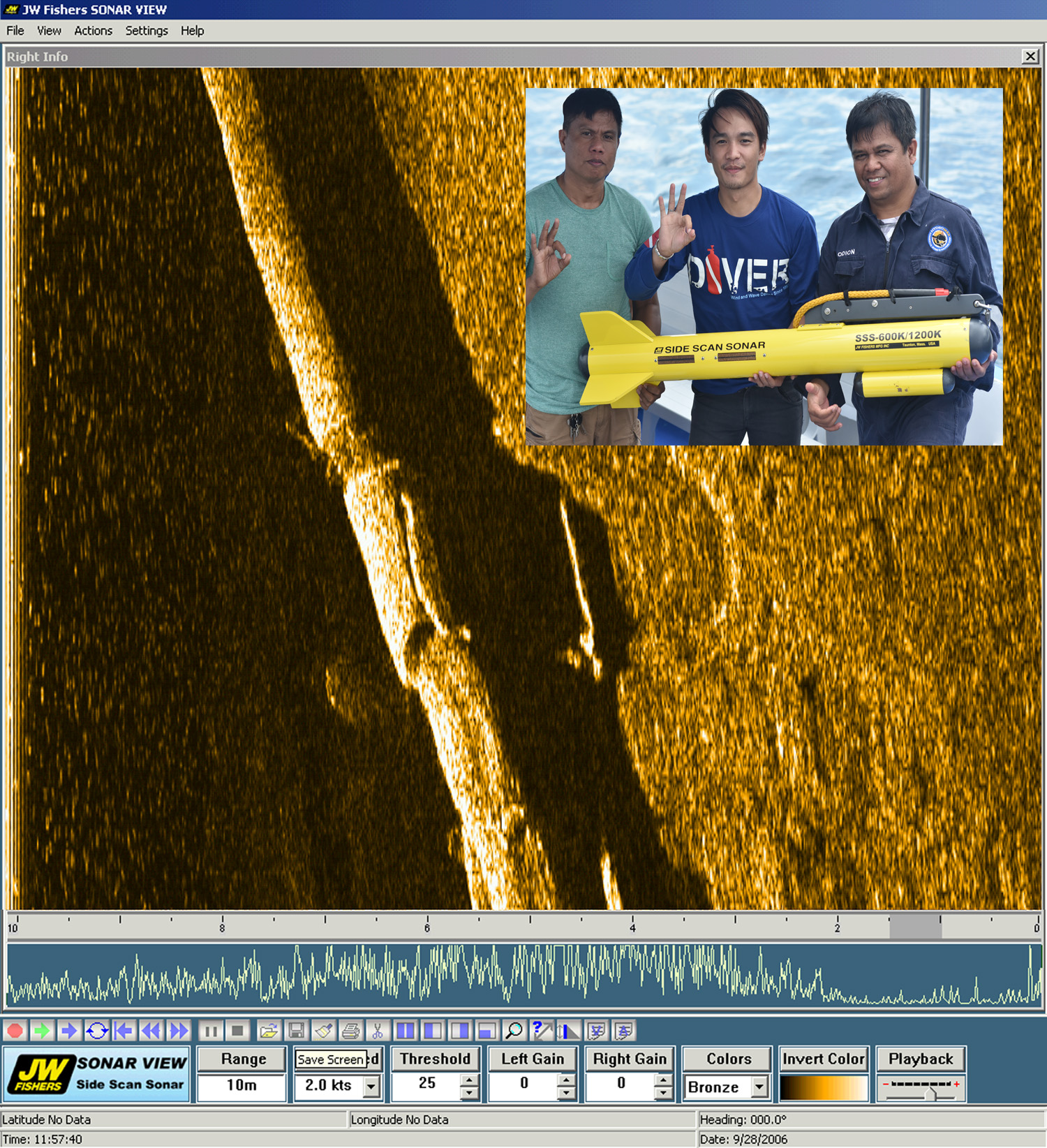 Sonar image of concrete covered pipeline inset - Hydromax dive team with their Fisher side scan