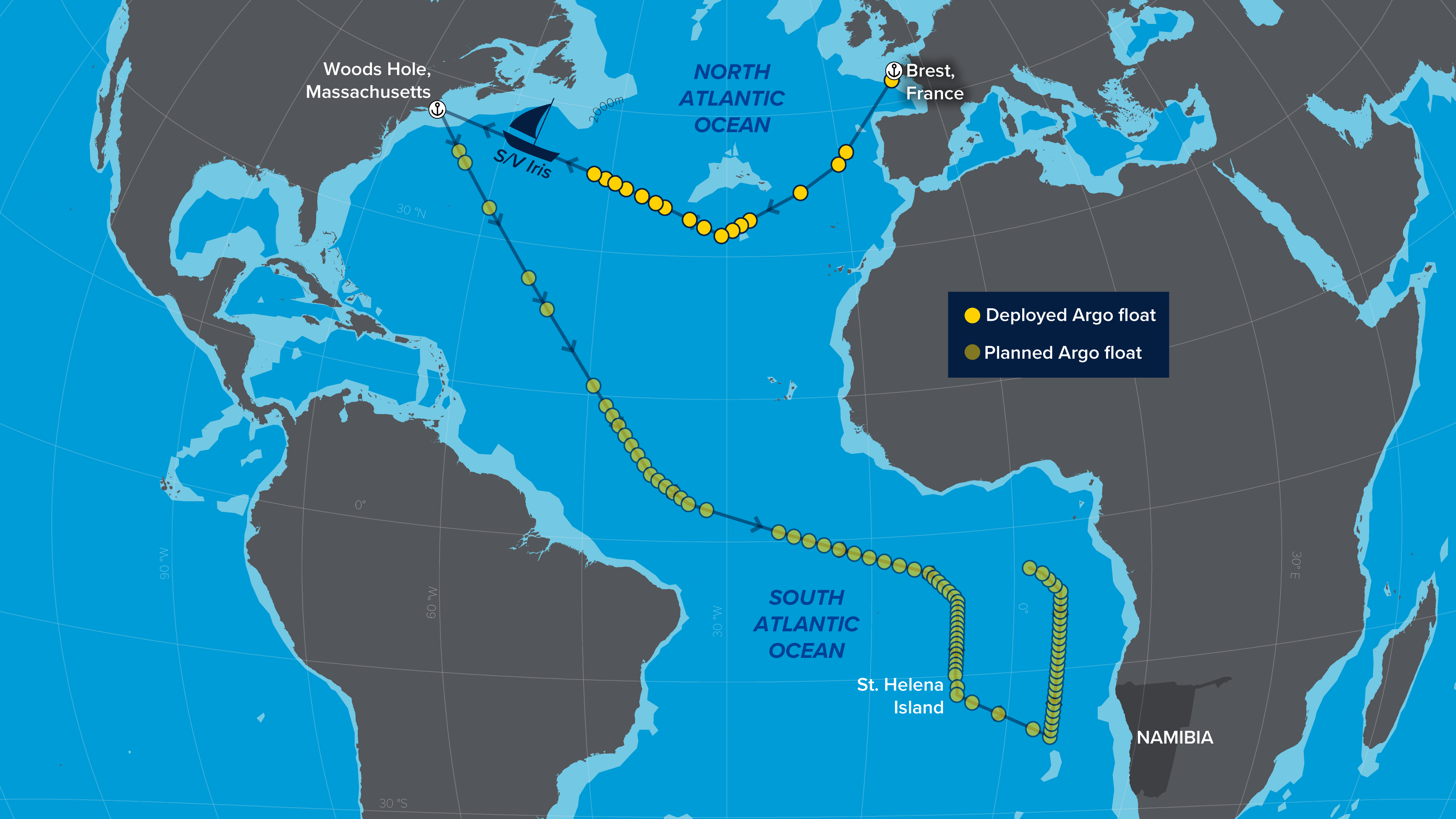 2 IMAGE map shows route of the French sailing vessel Iris after deploying 17 argo floats in Atlantic Ocean 121521 Natalie Renier Woods Hole Oceanographic Institution